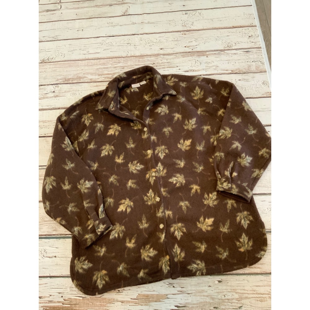 Cherokee Vintage Fleece Button Up‎ Shirt Brown Maple Leaf Print L/XL Jacket